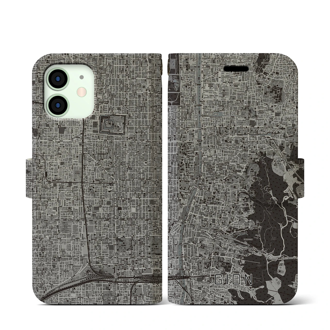 【祇園(京都府)】地図柄iPhoneケース(手帳タイプ)モノトーン・iPhone 12 mini 用