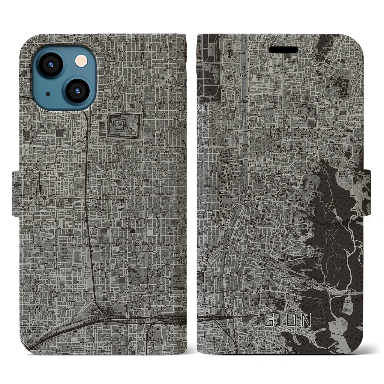 【祇園(京都府)】地図柄iPhoneケース(手帳タイプ)モノトーン・iPhone 13 用