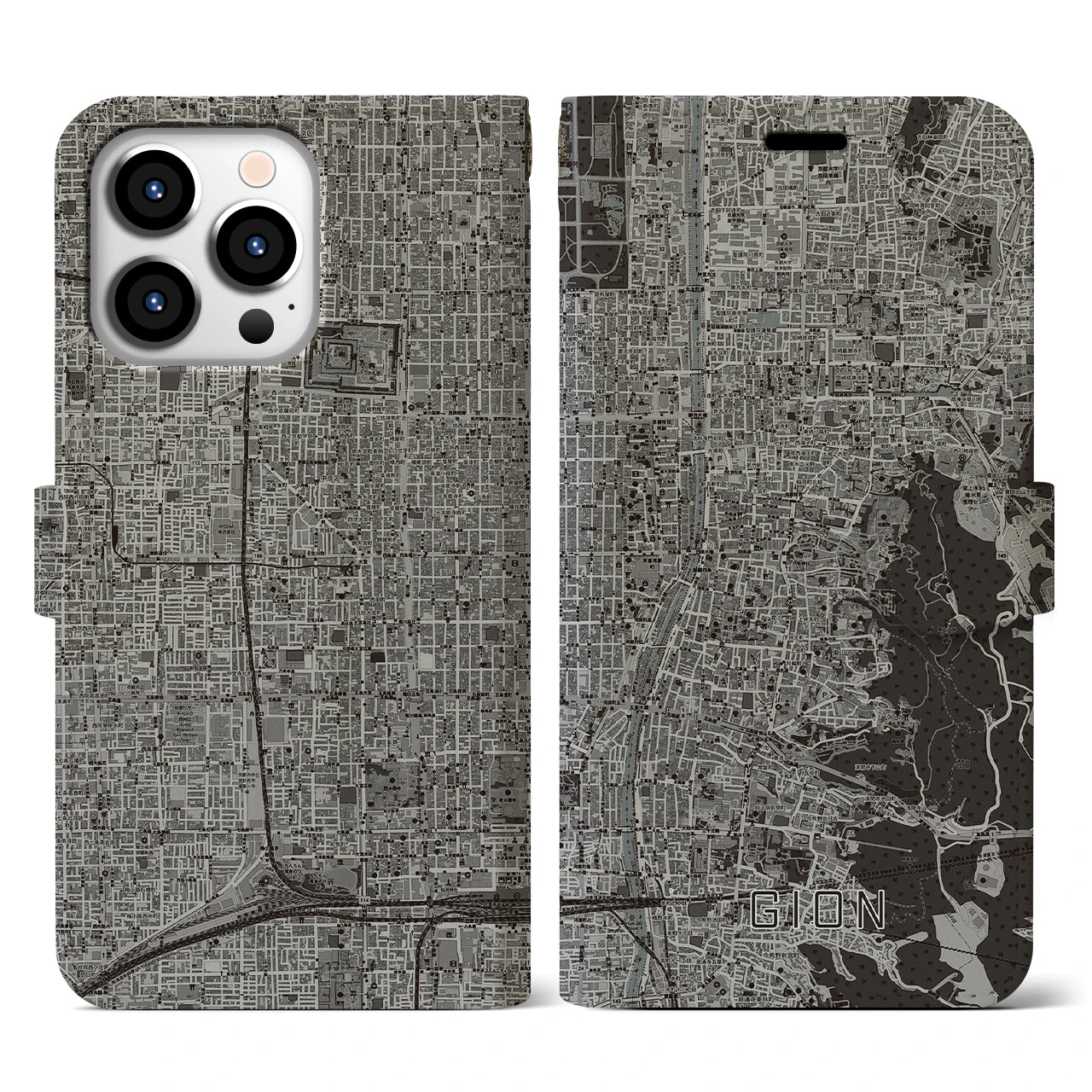 【祇園(京都府)】地図柄iPhoneケース(手帳タイプ)モノトーン・iPhone 13 Pro 用
