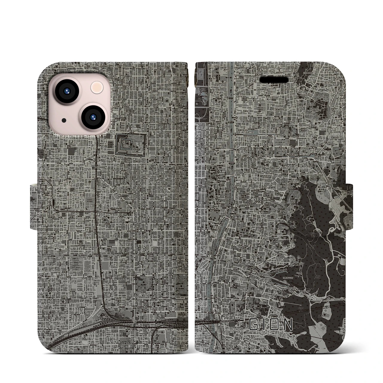 【祇園(京都府)】地図柄iPhoneケース(手帳タイプ)モノトーン・iPhone 13 mini 用