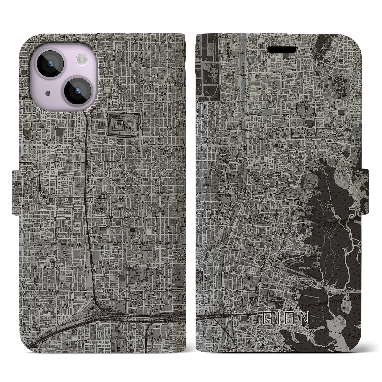 【祇園(京都府)】地図柄iPhoneケース(手帳タイプ)モノトーン・iPhone 14 用