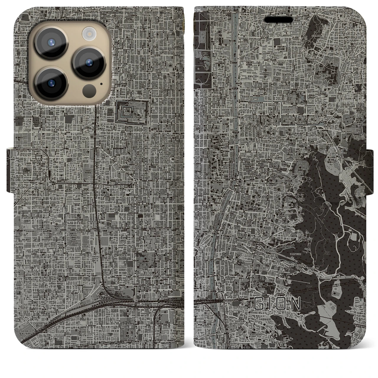 【祇園(京都府)】地図柄iPhoneケース(手帳タイプ)モノトーン・iPhone 14 Pro Max 用