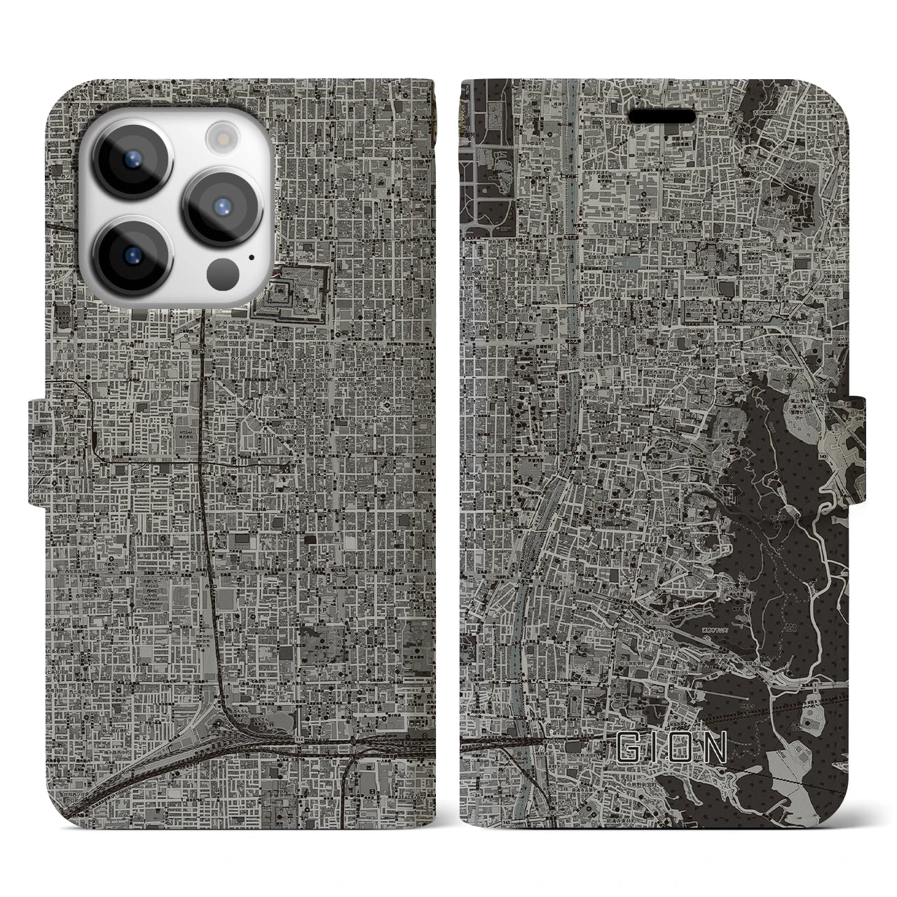 【祇園(京都府)】地図柄iPhoneケース(手帳タイプ)モノトーン・iPhone 14 Pro 用
