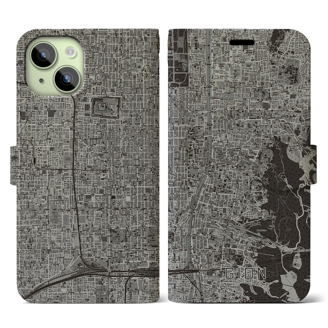 【祇園(京都府)】地図柄iPhoneケース(手帳タイプ)モノトーン・iPhone 15 用