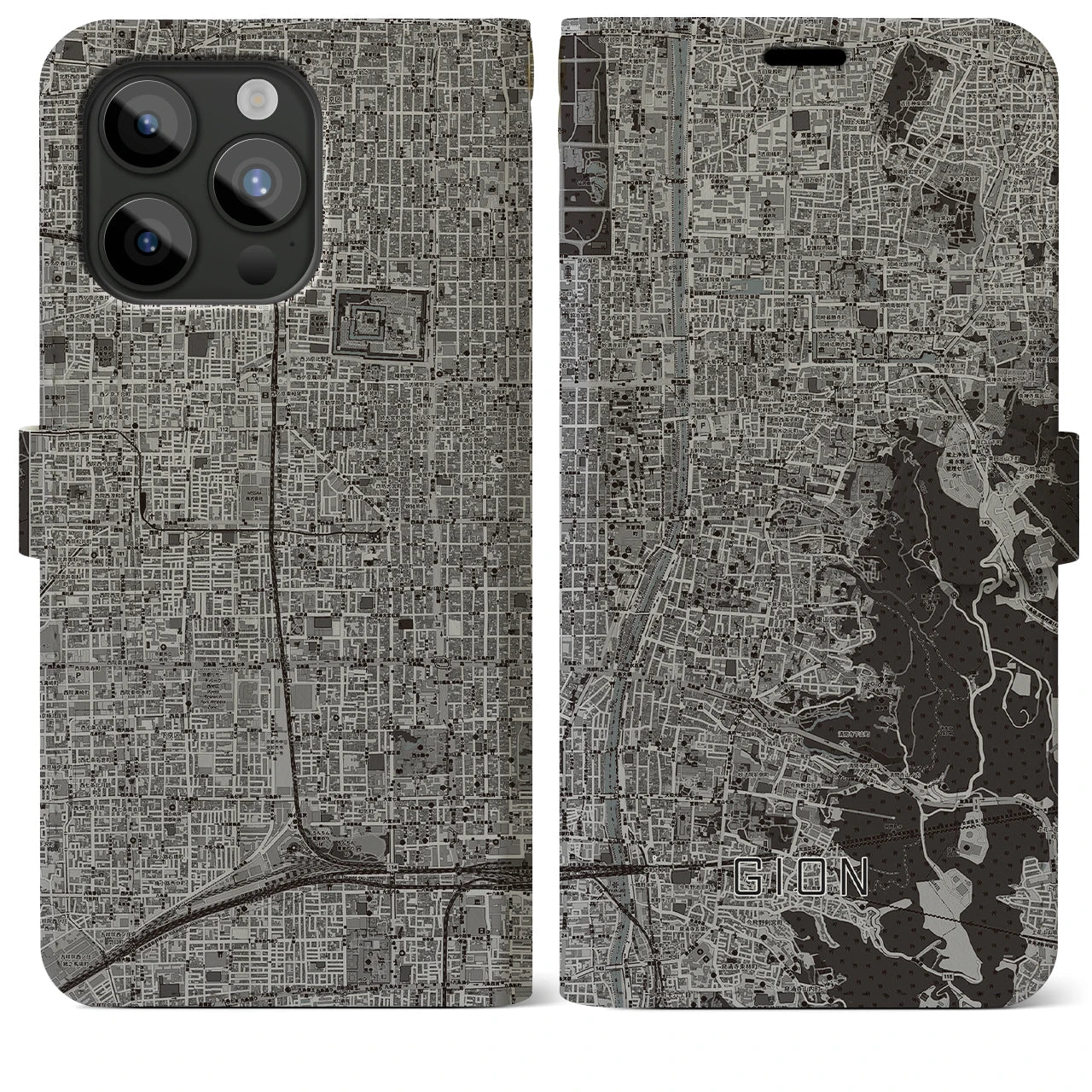 【祇園(京都府)】地図柄iPhoneケース(手帳タイプ)モノトーン・iPhone 15 Pro Max 用