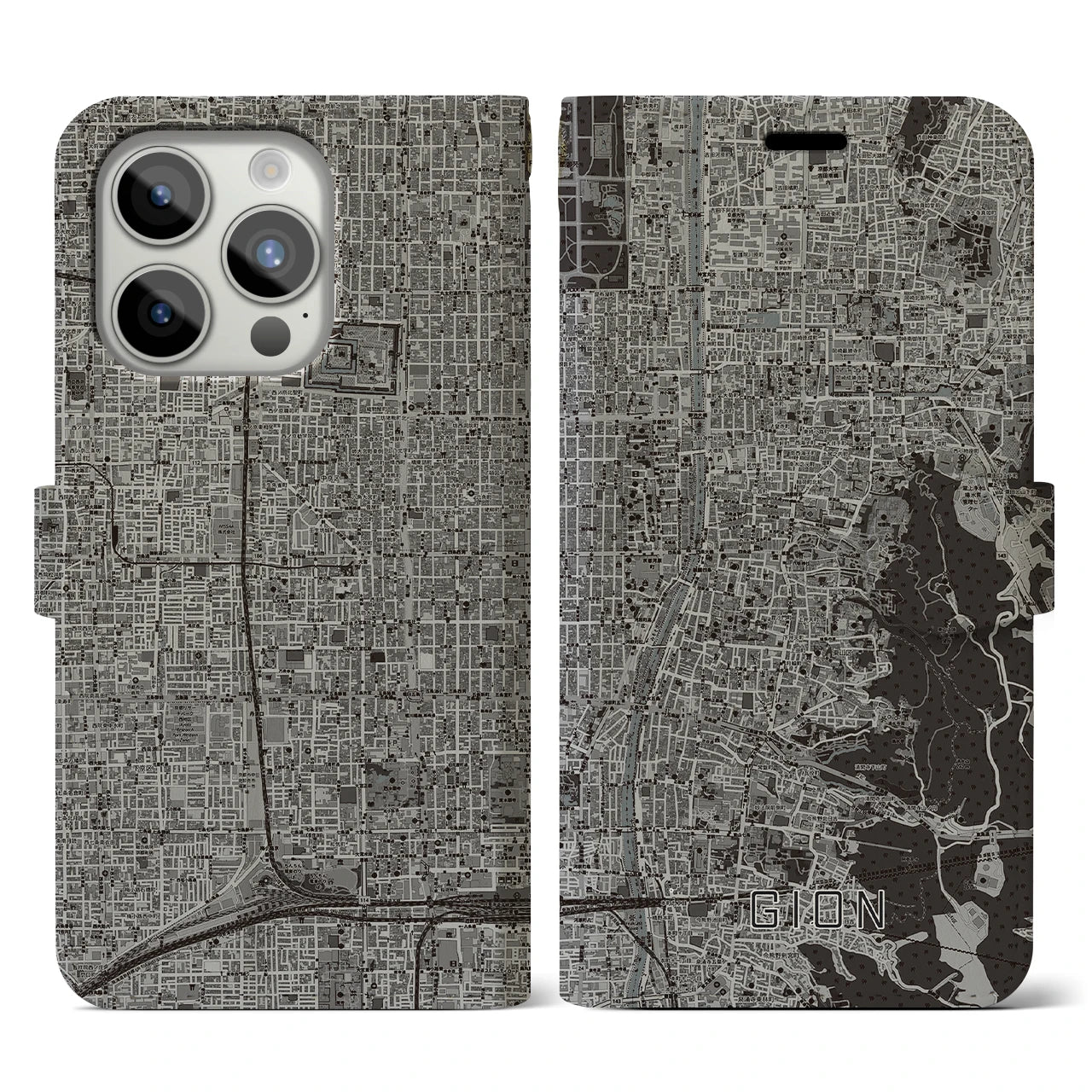 【祇園(京都府)】地図柄iPhoneケース(手帳タイプ)モノトーン・iPhone 15 Pro 用