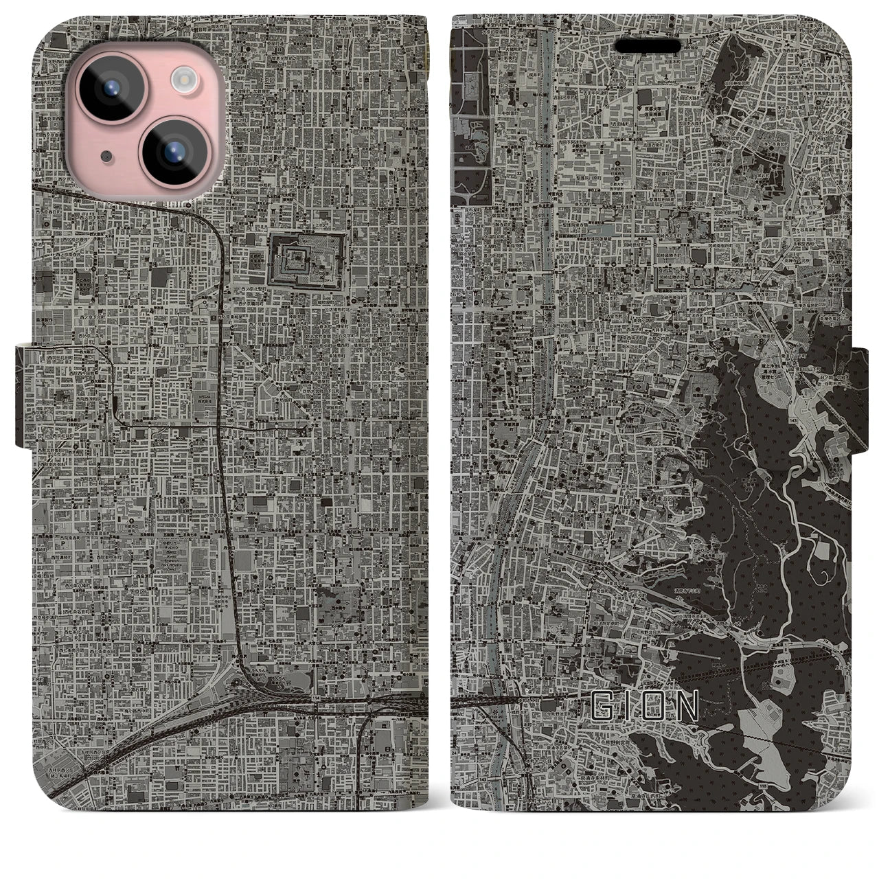 【祇園(京都府)】地図柄iPhoneケース(手帳タイプ)モノトーン・iPhone 15 Plus 用