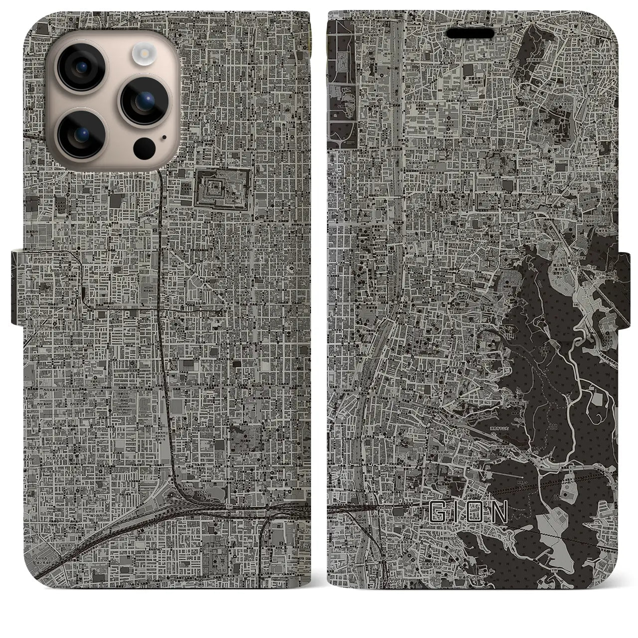 【祇園(京都府)】地図柄iPhoneケース(手帳タイプ)モノトーン・iPhone 16 Plus 用