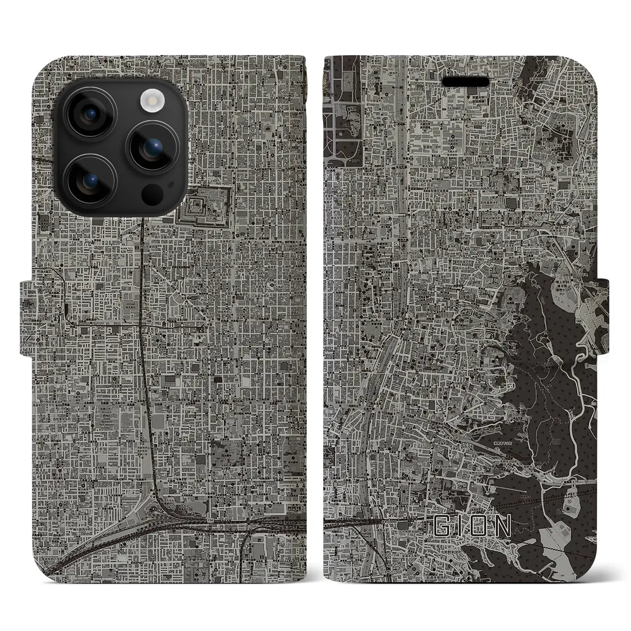 【祇園(京都府)】地図柄iPhoneケース(手帳タイプ)モノトーン・iPhone 16 用