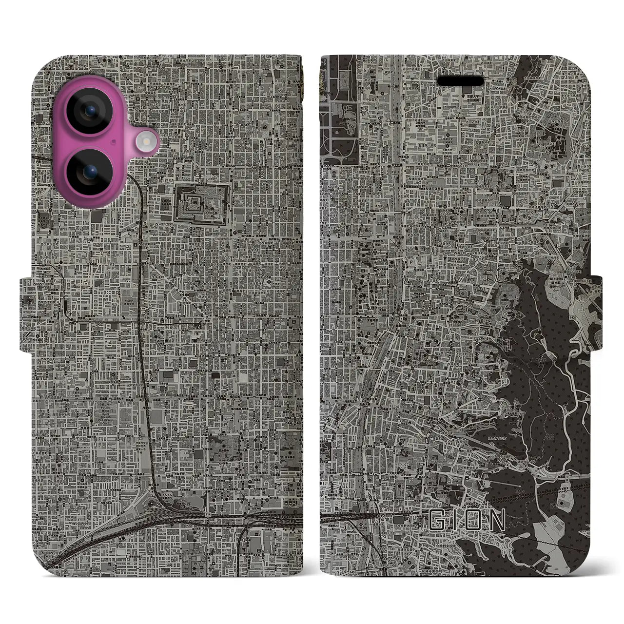 【祇園(京都府)】地図柄iPhoneケース(手帳タイプ)モノトーン・iPhone 16 Pro 用