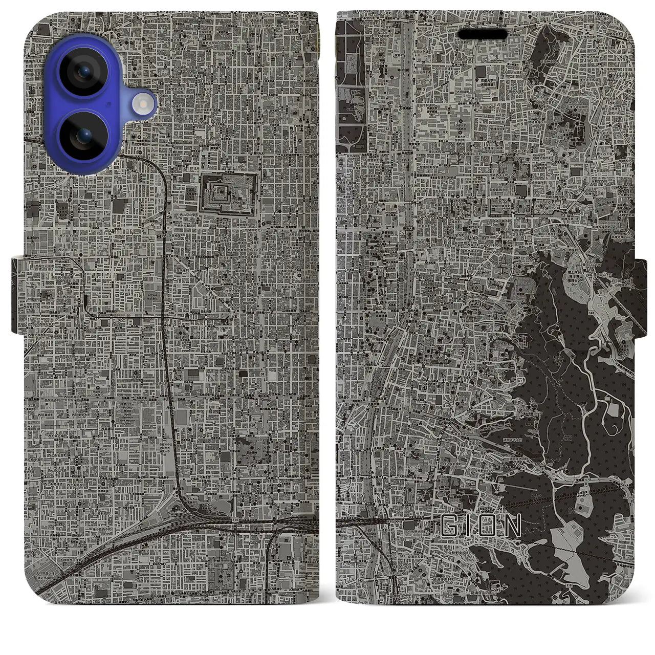 【祇園(京都府)】地図柄iPhoneケース(手帳タイプ)モノトーン・iPhone 16 Pro Max 用