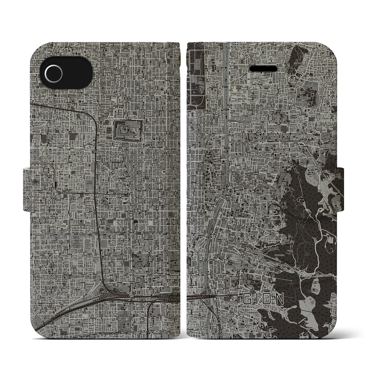 【祇園(京都府)】地図柄iPhoneケース(手帳タイプ)モノトーン・iPhone SE(第3 / 第2世代) / 8 / 7 / 6s / 6 用