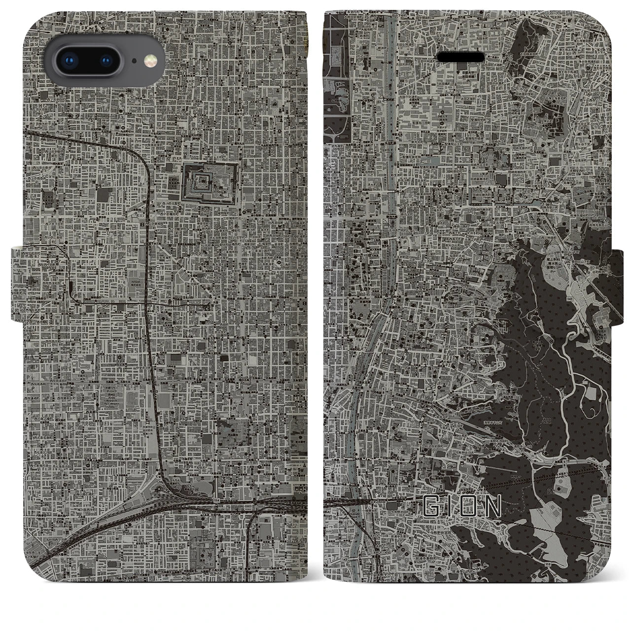 【祇園(京都府)】地図柄iPhoneケース(手帳タイプ)モノトーン・iPhone 8Plus /7Plus / 6sPlus / 6Plus 用