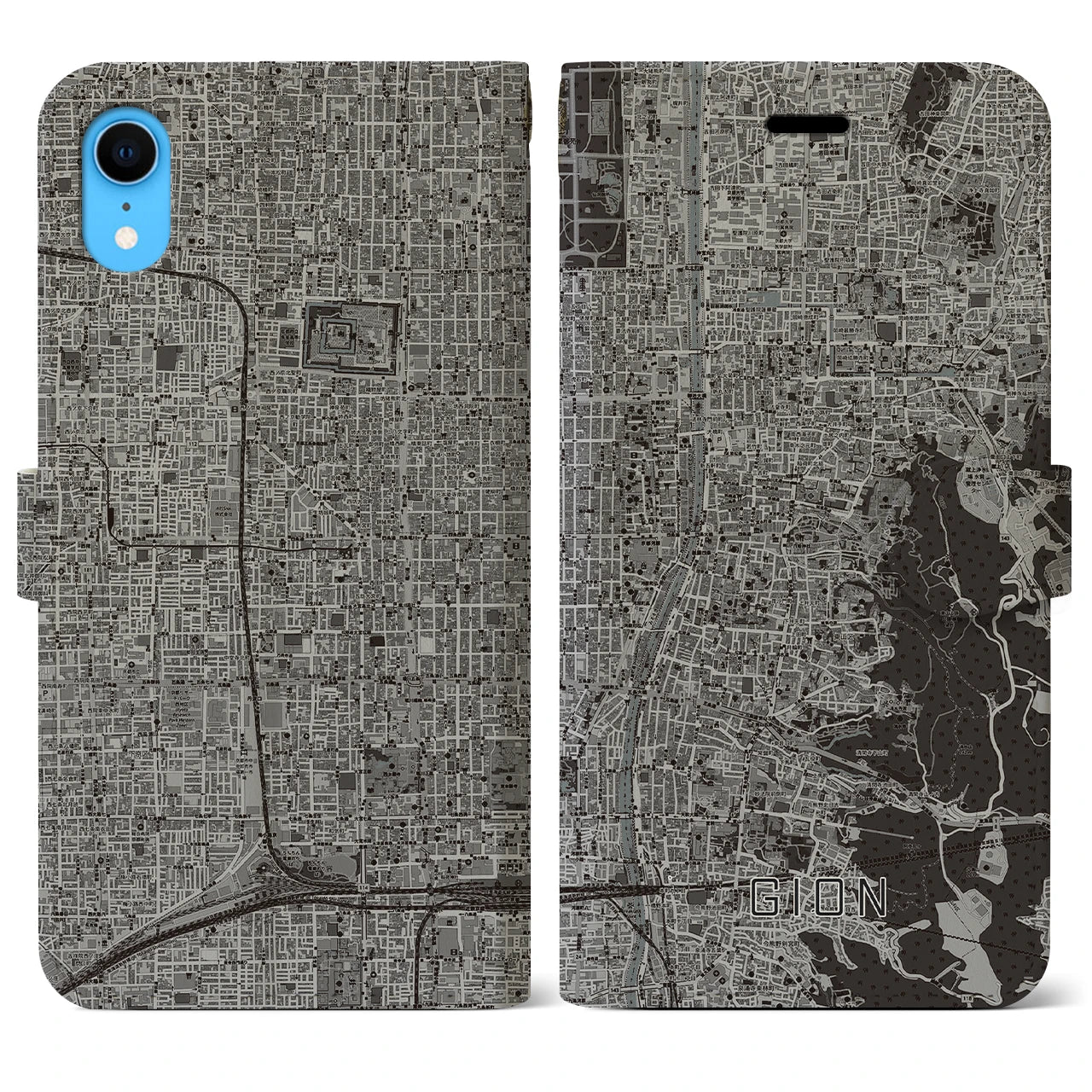 【祇園(京都府)】地図柄iPhoneケース(手帳タイプ)モノトーン・iPhone XR 用