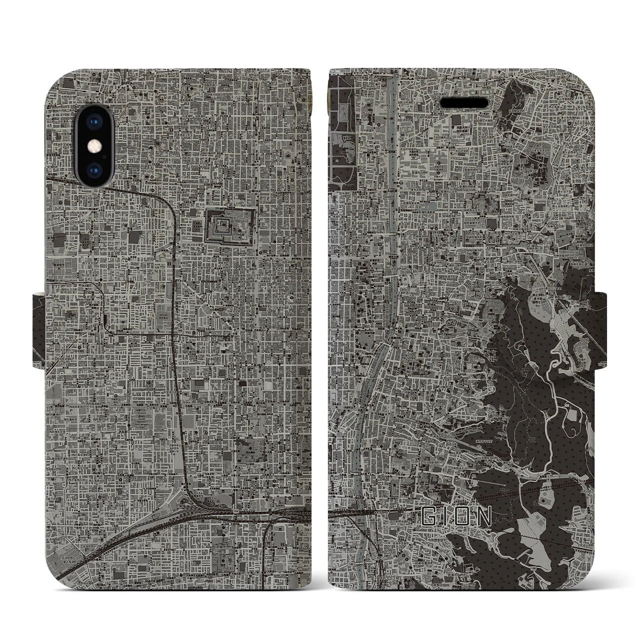 【祇園(京都府)】地図柄iPhoneケース(手帳タイプ)モノトーン・iPhone XS / X 用