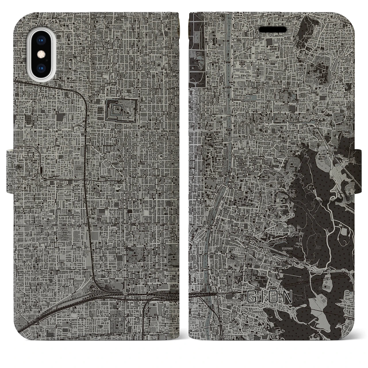 【祇園(京都府)】地図柄iPhoneケース(手帳タイプ)モノトーン・iPhone XS Max 用