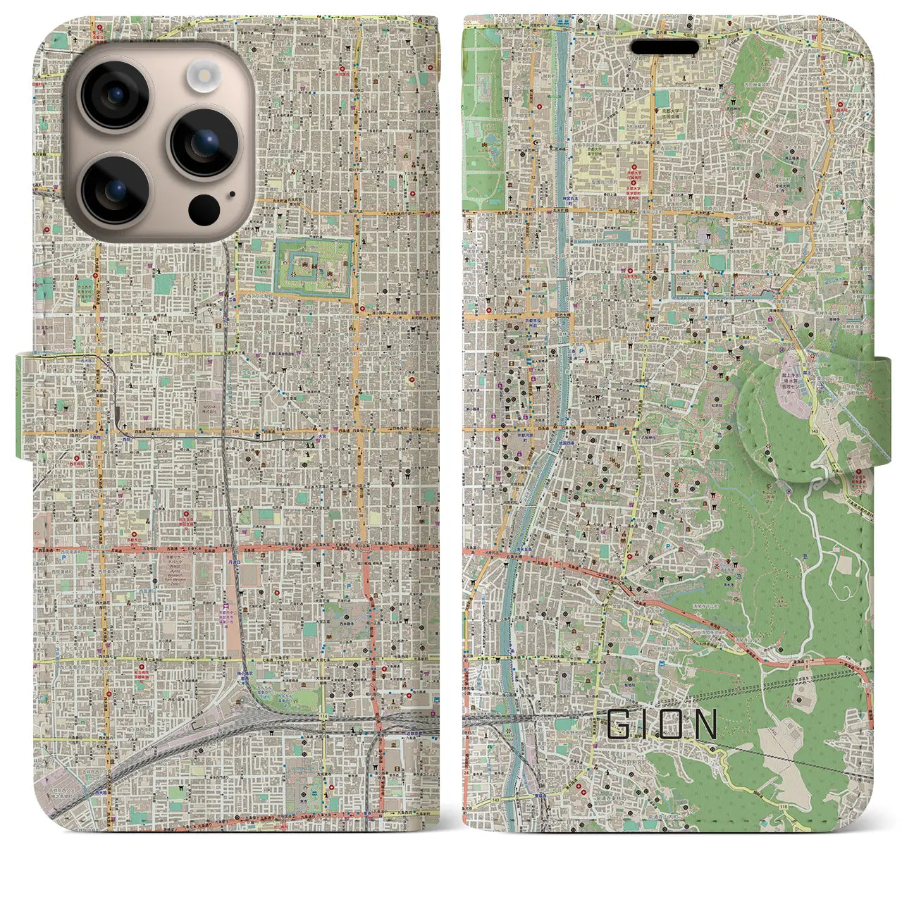 【祇園(京都府)】地図柄iPhoneケース(手帳タイプ)ナチュラル・iPhone 16 Plus 用