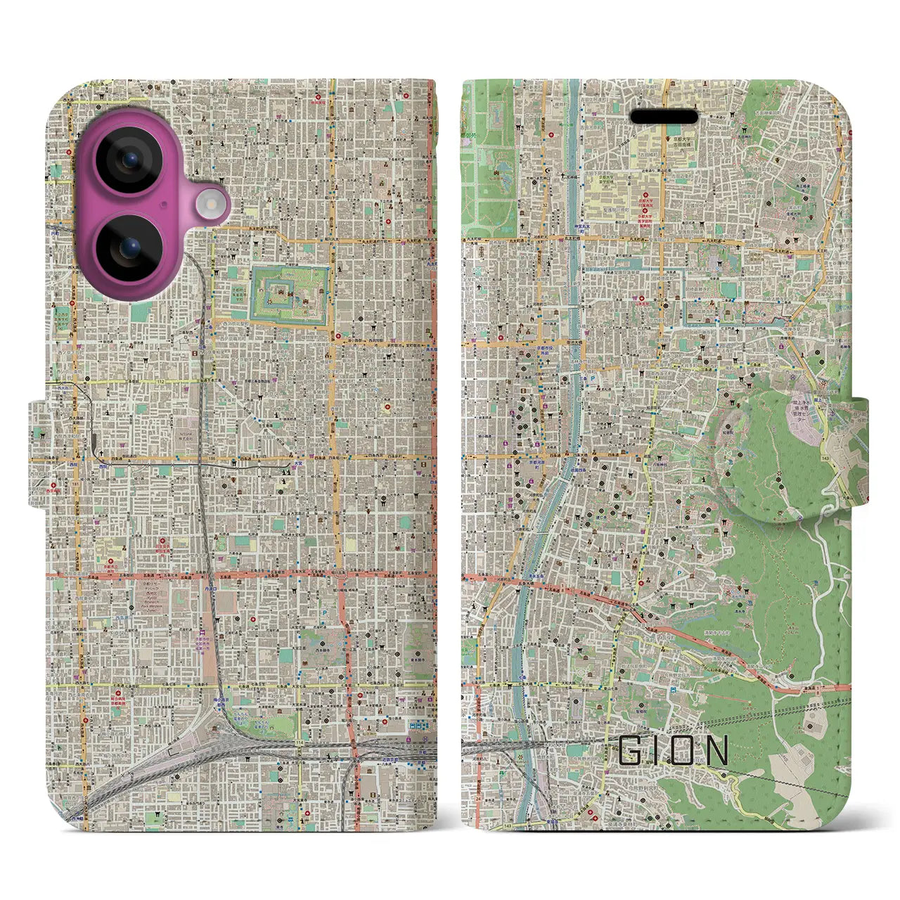 【祇園(京都府)】地図柄iPhoneケース(手帳タイプ)ナチュラル・iPhone 16 Pro 用
