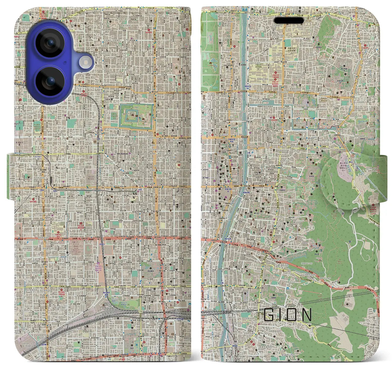 【祇園(京都府)】地図柄iPhoneケース(手帳タイプ)ナチュラル・iPhone 16 Pro Max 用