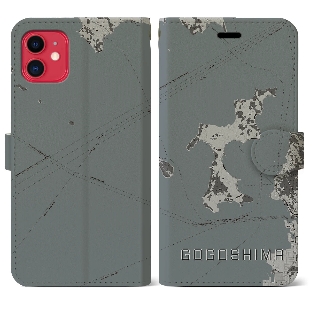【興居島(愛媛県)】地図柄iPhoneケース(手帳タイプ)モノトーン・iPhone 11 用
