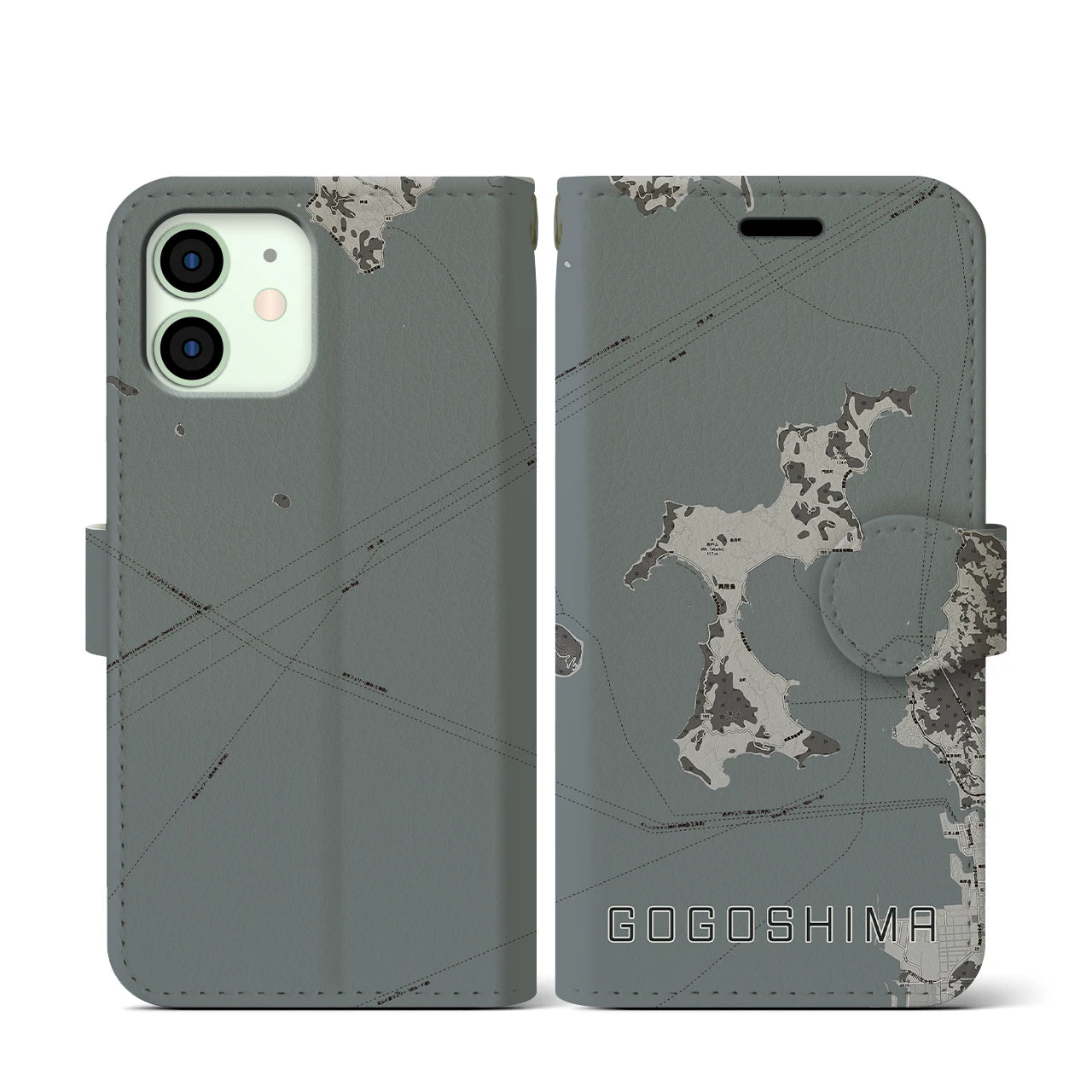 【興居島(愛媛県)】地図柄iPhoneケース(手帳タイプ)モノトーン・iPhone 12 mini 用