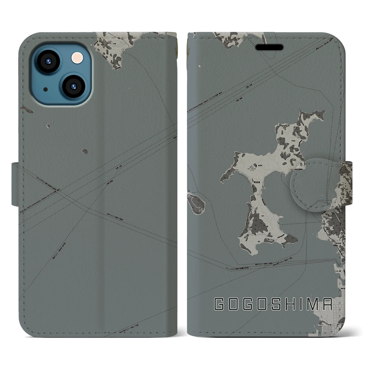 【興居島(愛媛県)】地図柄iPhoneケース(手帳タイプ)モノトーン・iPhone 13 用
