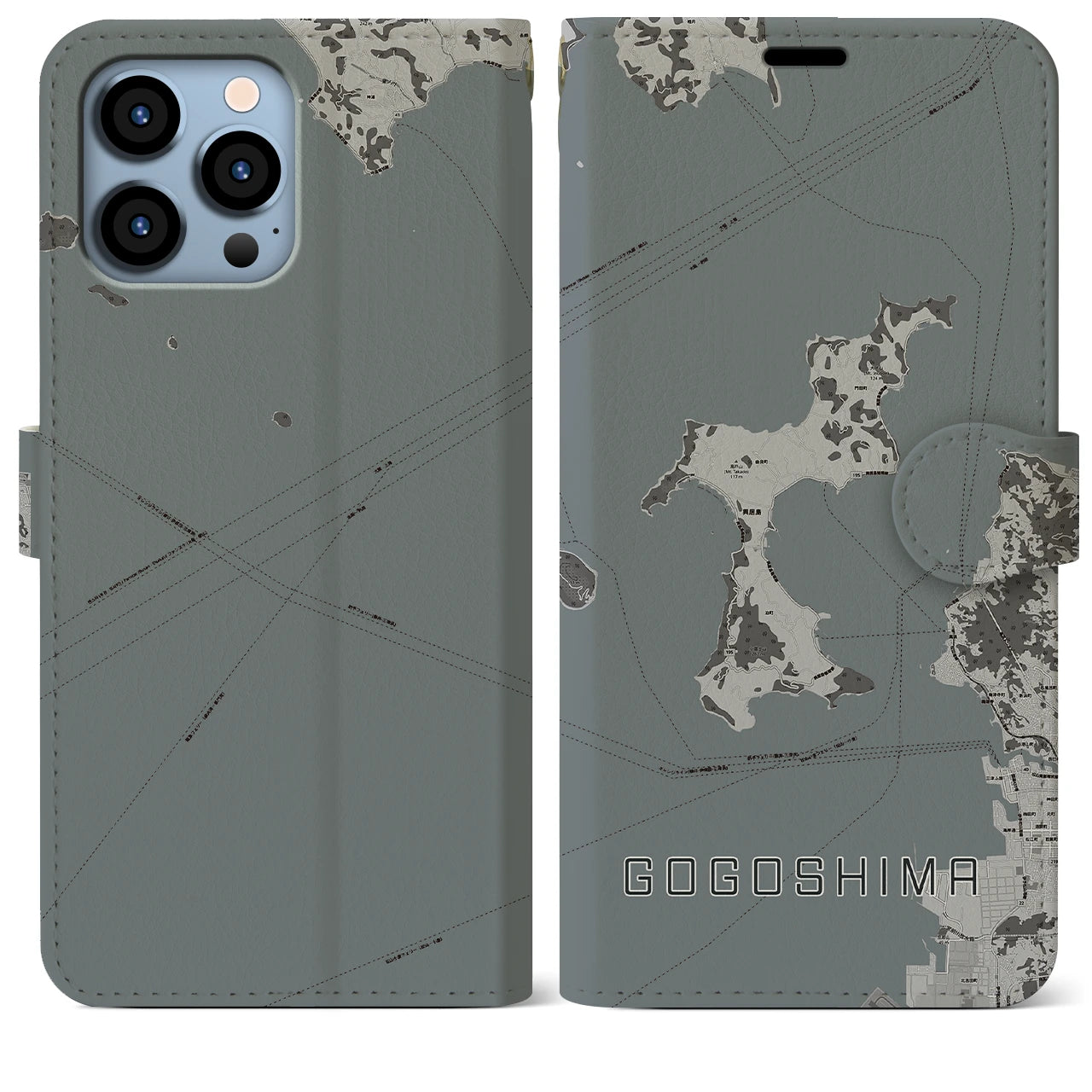 【興居島(愛媛県)】地図柄iPhoneケース(手帳タイプ)モノトーン・iPhone 13 Pro Max 用