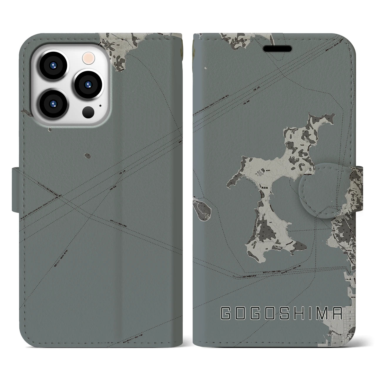 【興居島(愛媛県)】地図柄iPhoneケース(手帳タイプ)モノトーン・iPhone 13 Pro 用