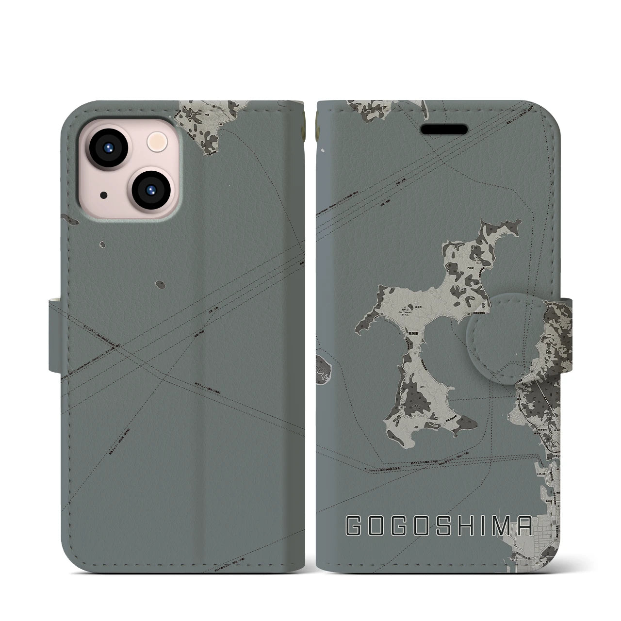 【興居島(愛媛県)】地図柄iPhoneケース(手帳タイプ)モノトーン・iPhone 13 mini 用