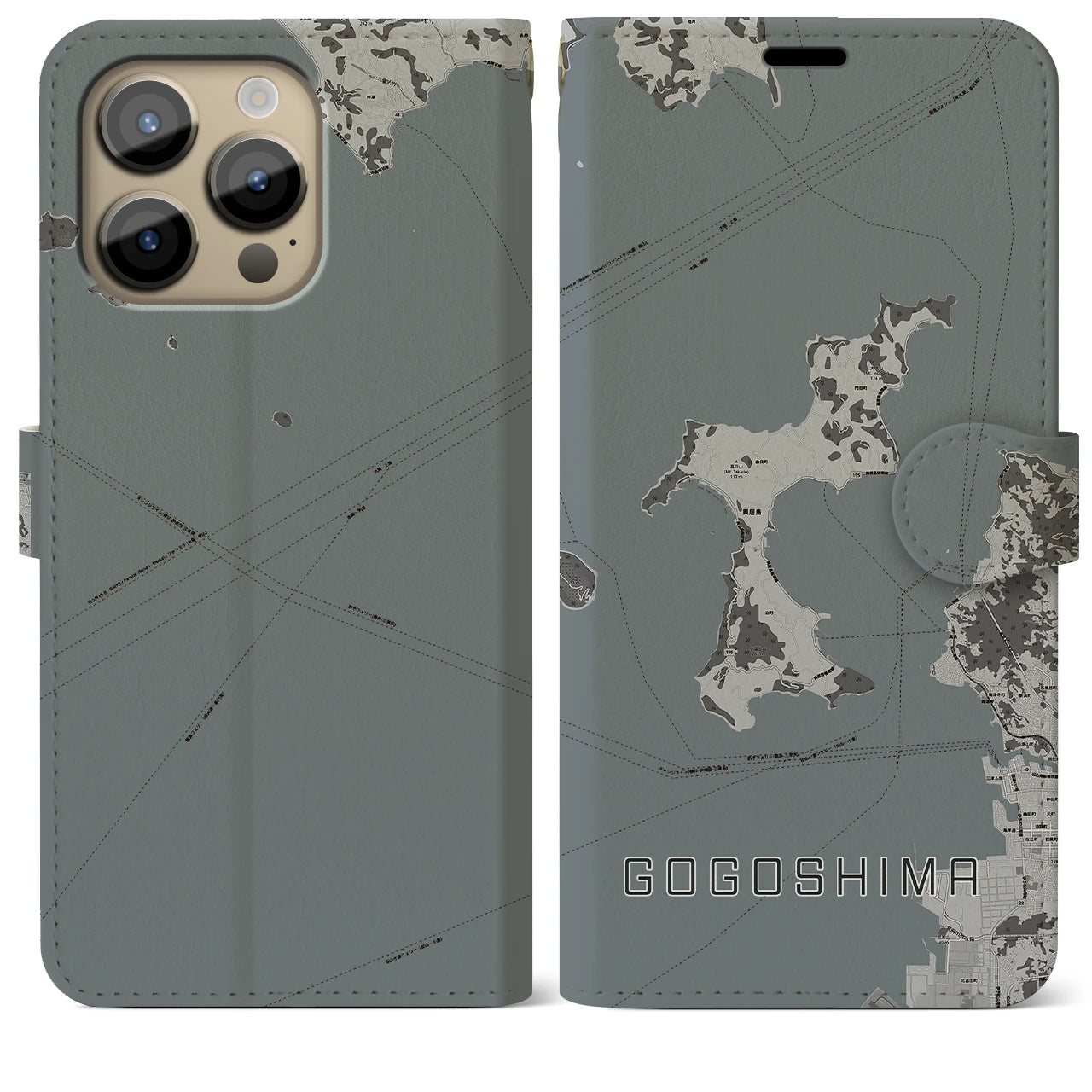 【興居島(愛媛県)】地図柄iPhoneケース(手帳タイプ)モノトーン・iPhone 14 Pro Max 用