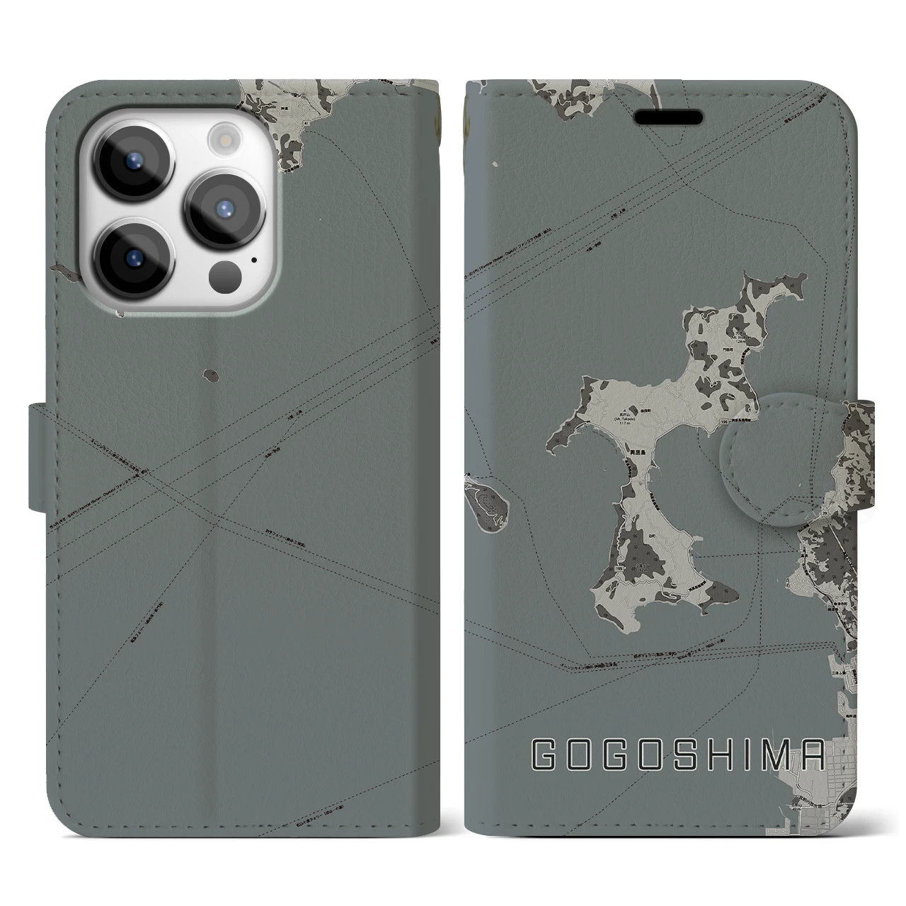 【興居島(愛媛県)】地図柄iPhoneケース(手帳タイプ)モノトーン・iPhone 14 Pro 用