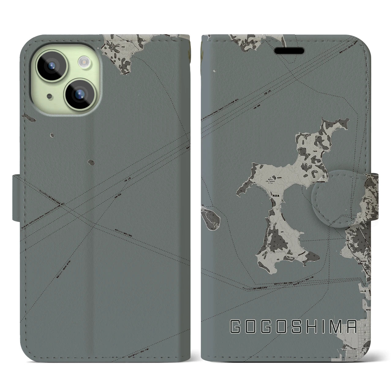 【興居島(愛媛県)】地図柄iPhoneケース(手帳タイプ)モノトーン・iPhone 15 用
