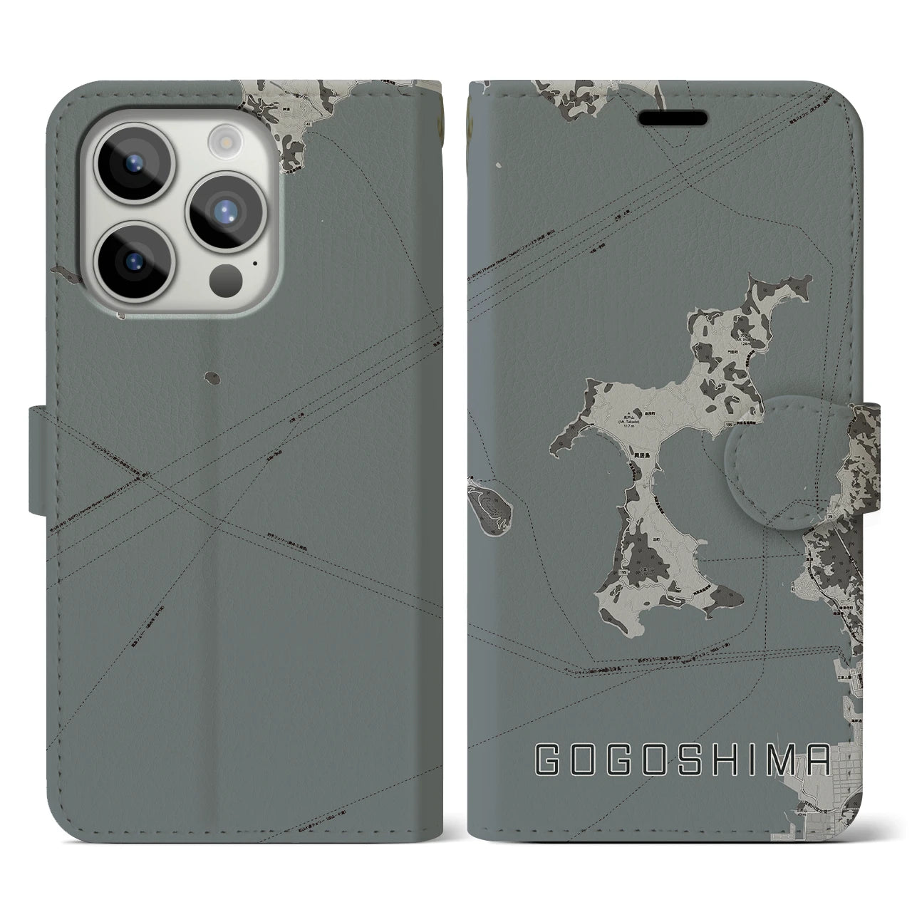 【興居島(愛媛県)】地図柄iPhoneケース(手帳タイプ)モノトーン・iPhone 15 Pro 用