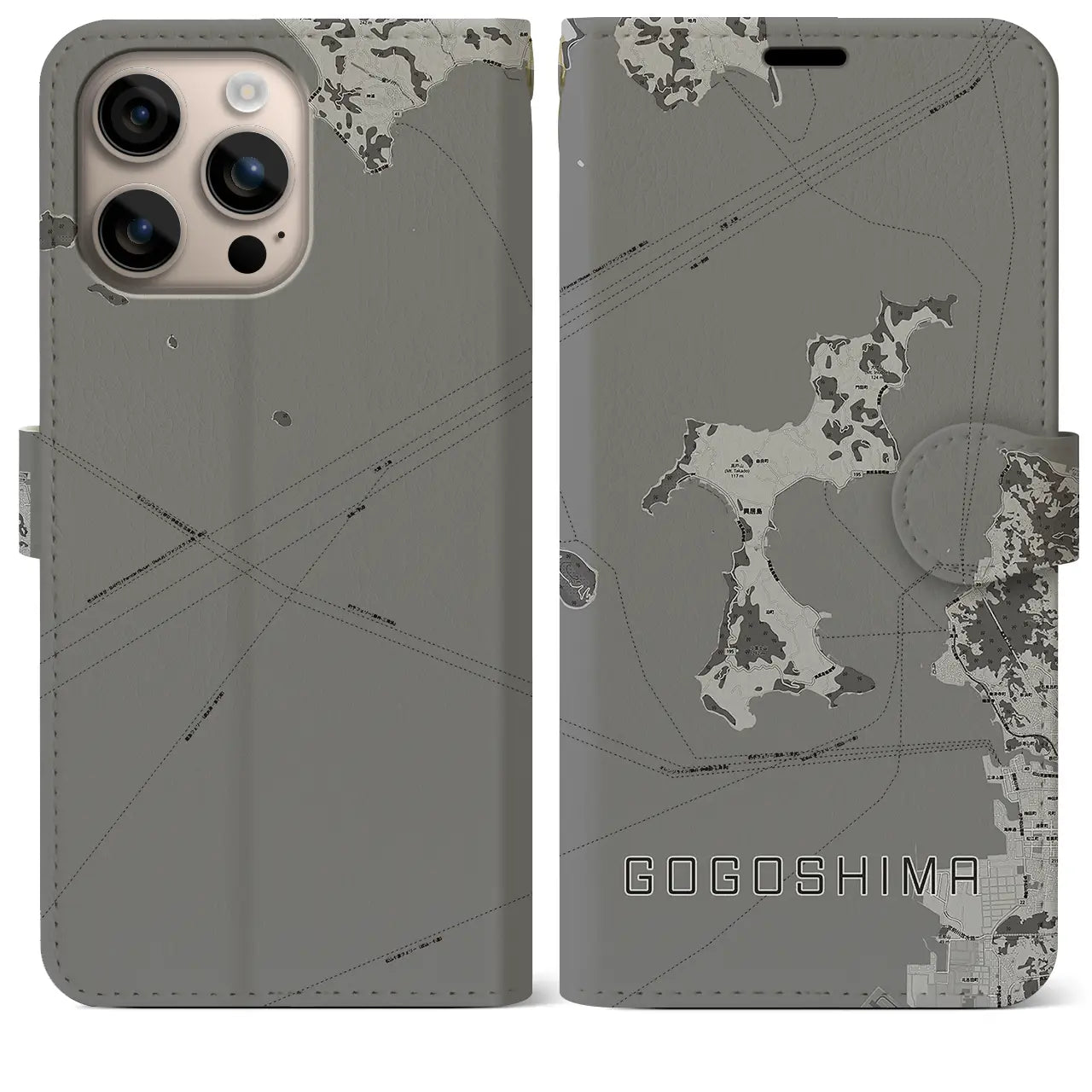 【興居島(愛媛県)】地図柄iPhoneケース(手帳タイプ)モノトーン・iPhone 16 Plus 用