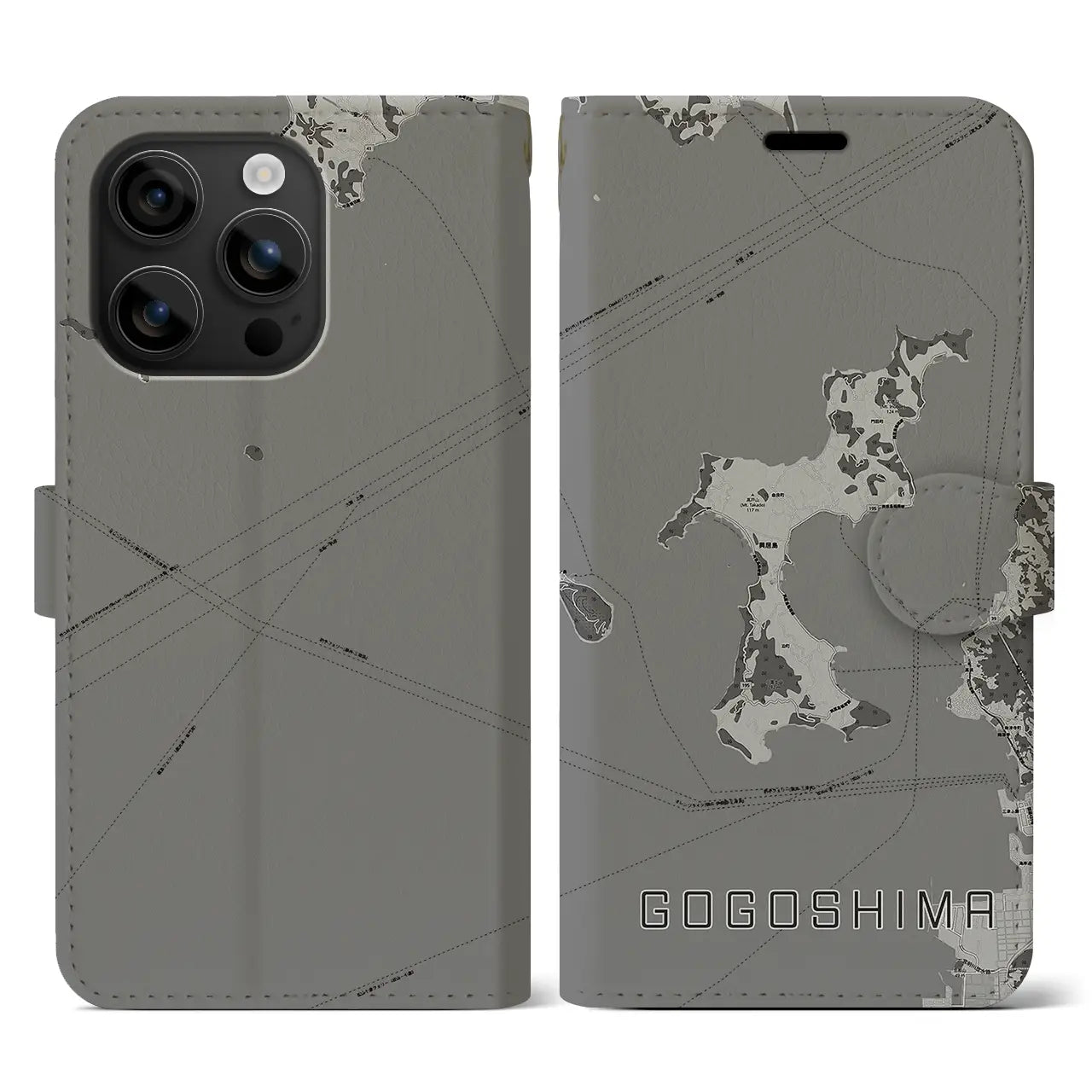 【興居島(愛媛県)】地図柄iPhoneケース(手帳タイプ)モノトーン・iPhone 16 用