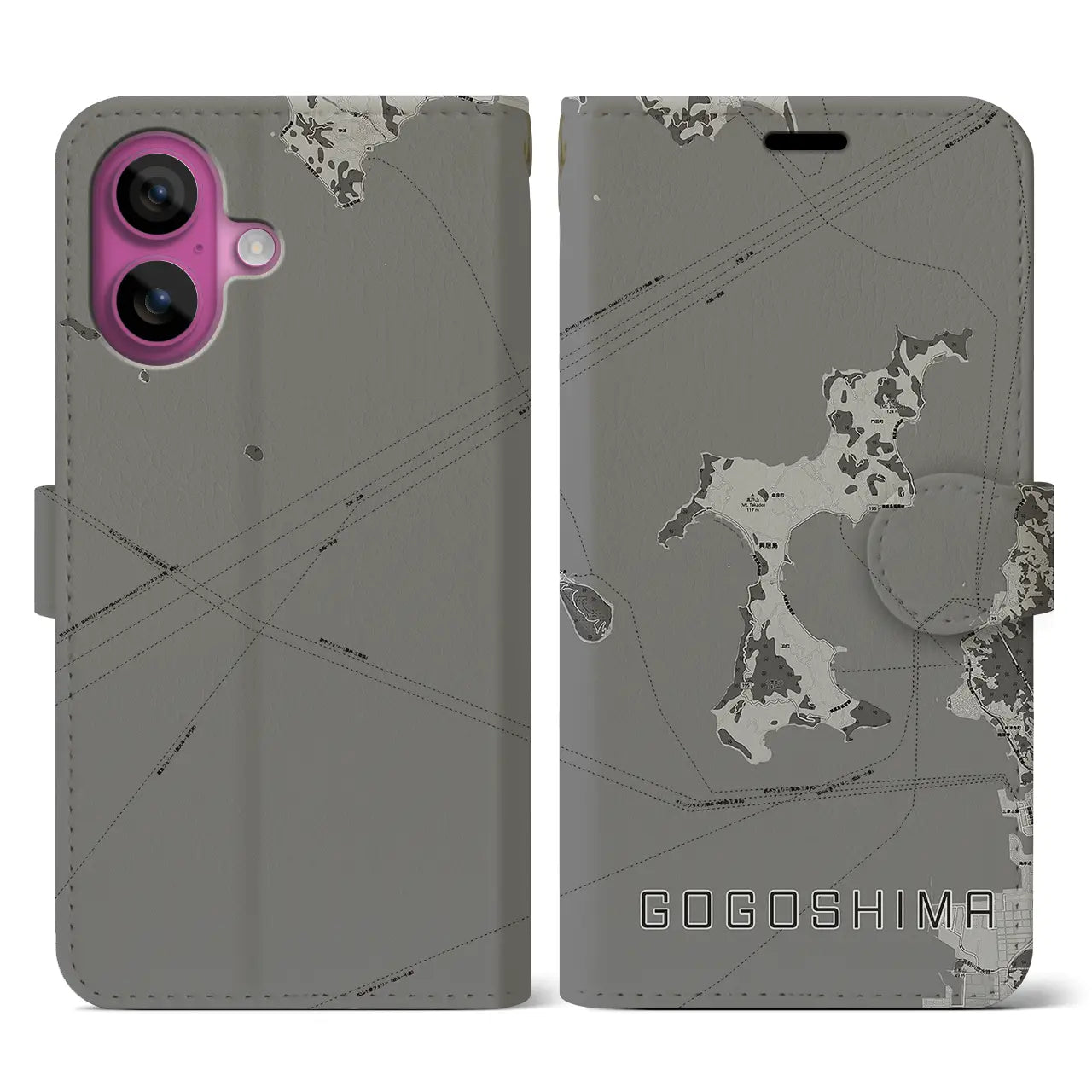 【興居島(愛媛県)】地図柄iPhoneケース(手帳タイプ)モノトーン・iPhone 16 Pro 用