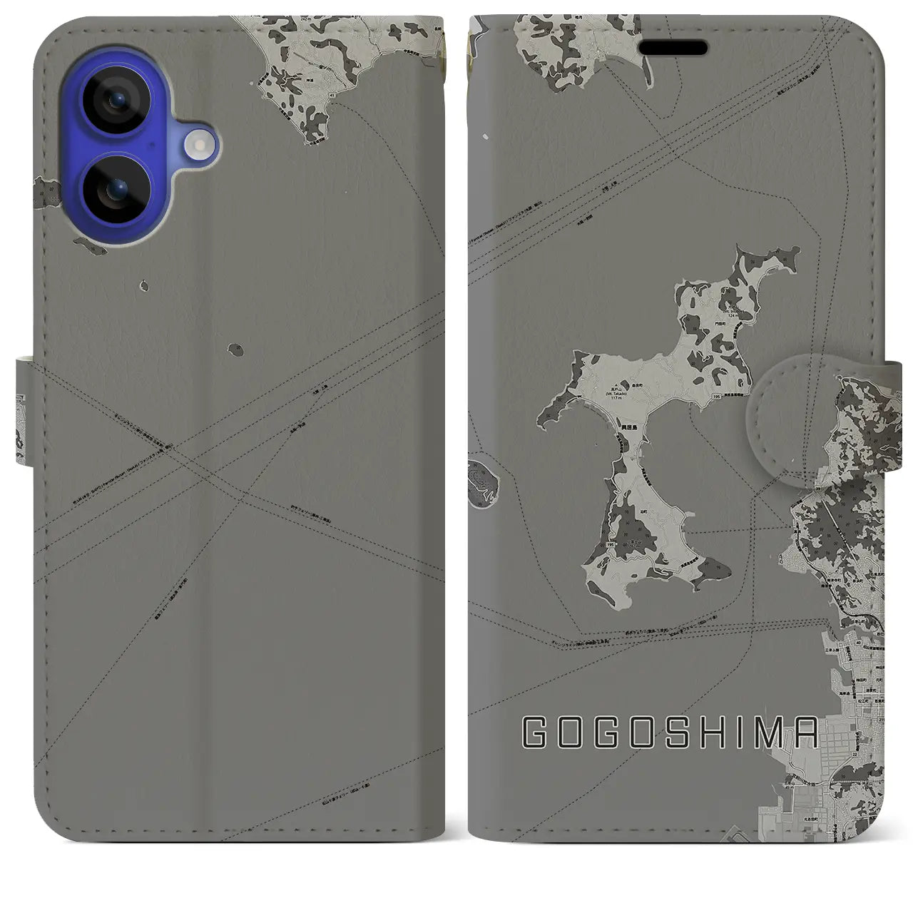 【興居島(愛媛県)】地図柄iPhoneケース(手帳タイプ)モノトーン・iPhone 16 Pro Max 用