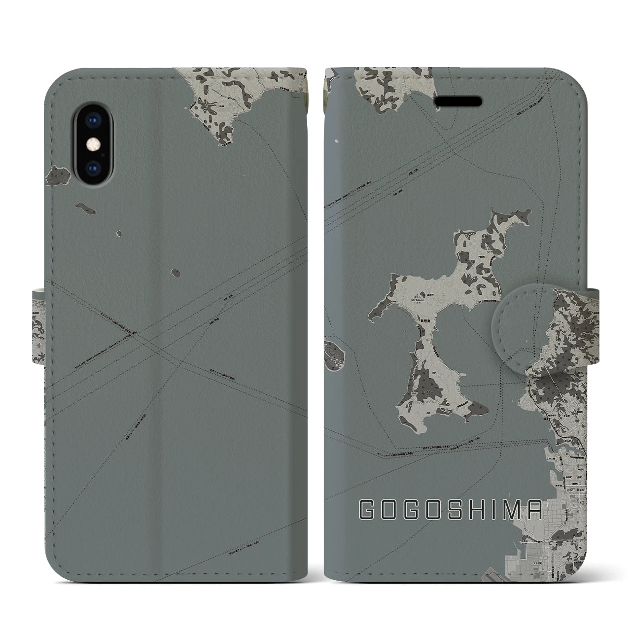 【興居島(愛媛県)】地図柄iPhoneケース(手帳タイプ)モノトーン・iPhone XS / X 用