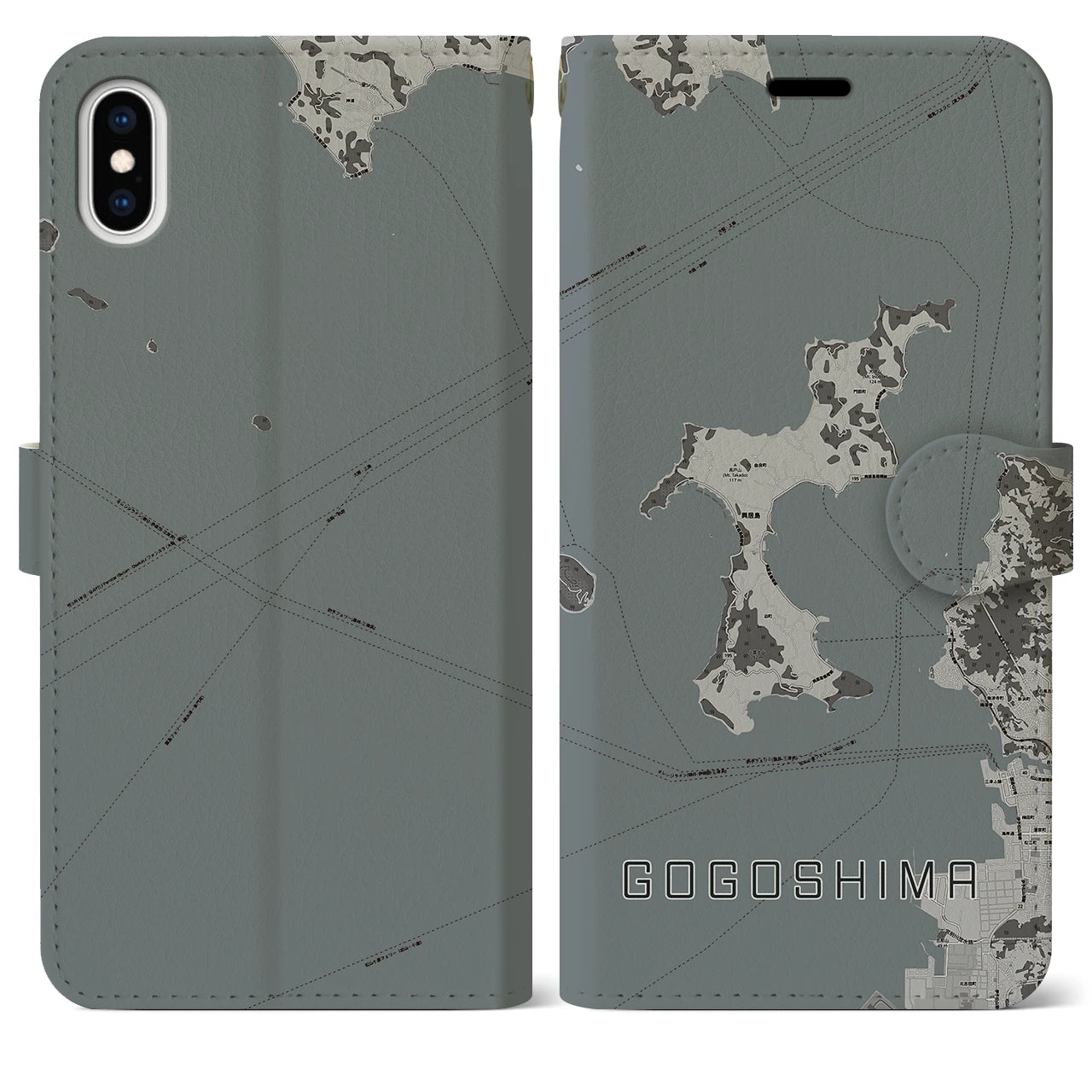 【興居島(愛媛県)】地図柄iPhoneケース(手帳タイプ)モノトーン・iPhone XS Max 用