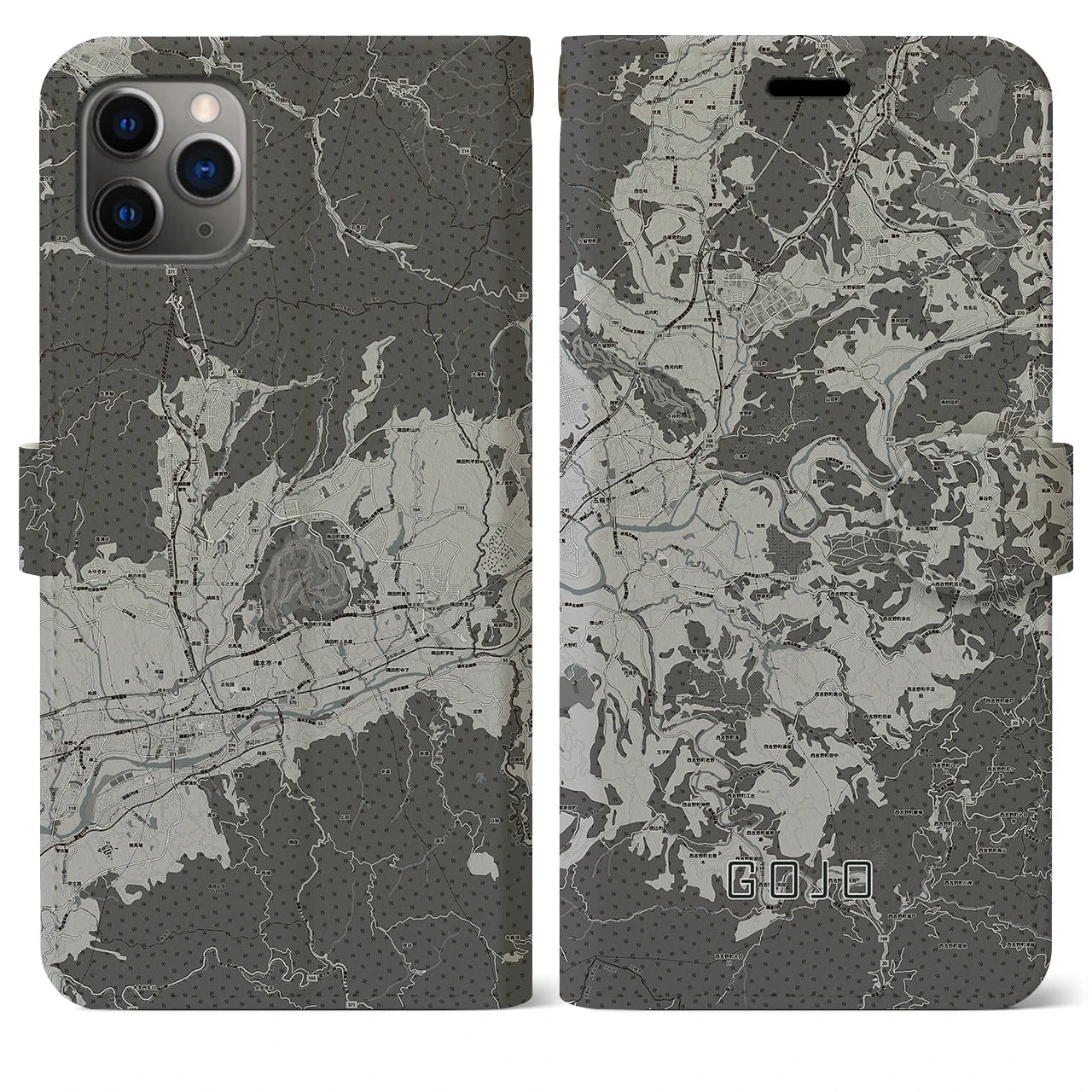 【五條(奈良県)】地図柄iPhoneケース(手帳タイプ)モノトーン・iPhone 11 Pro Max 用