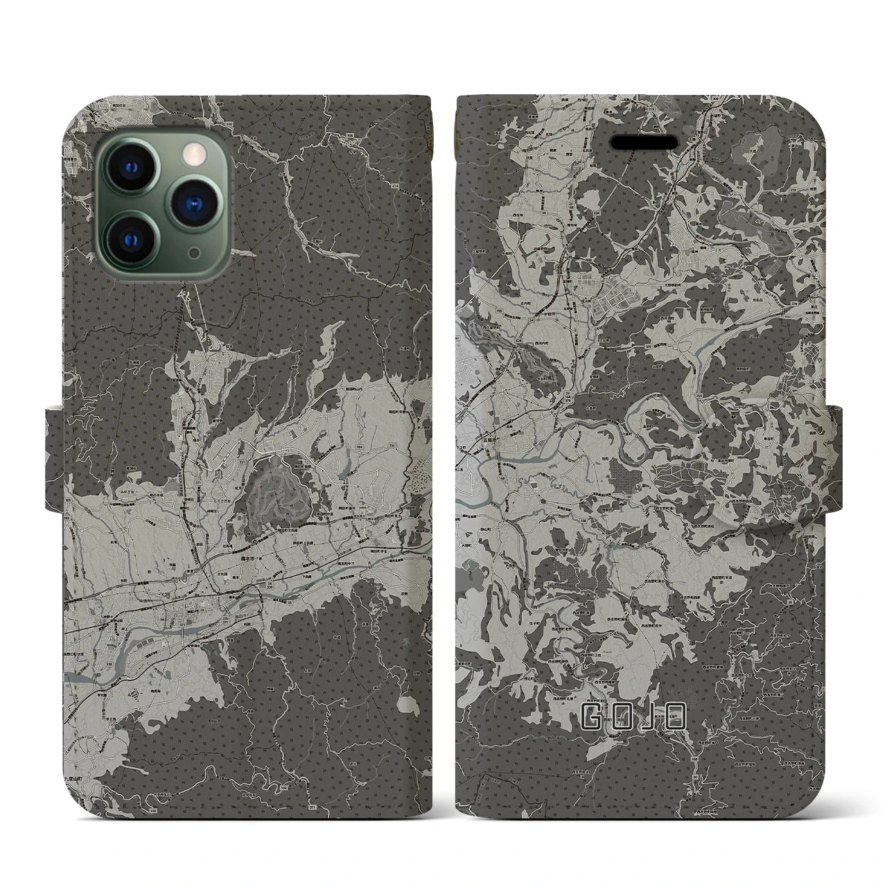 【五條(奈良県)】地図柄iPhoneケース(手帳タイプ)モノトーン・iPhone 11 Pro 用