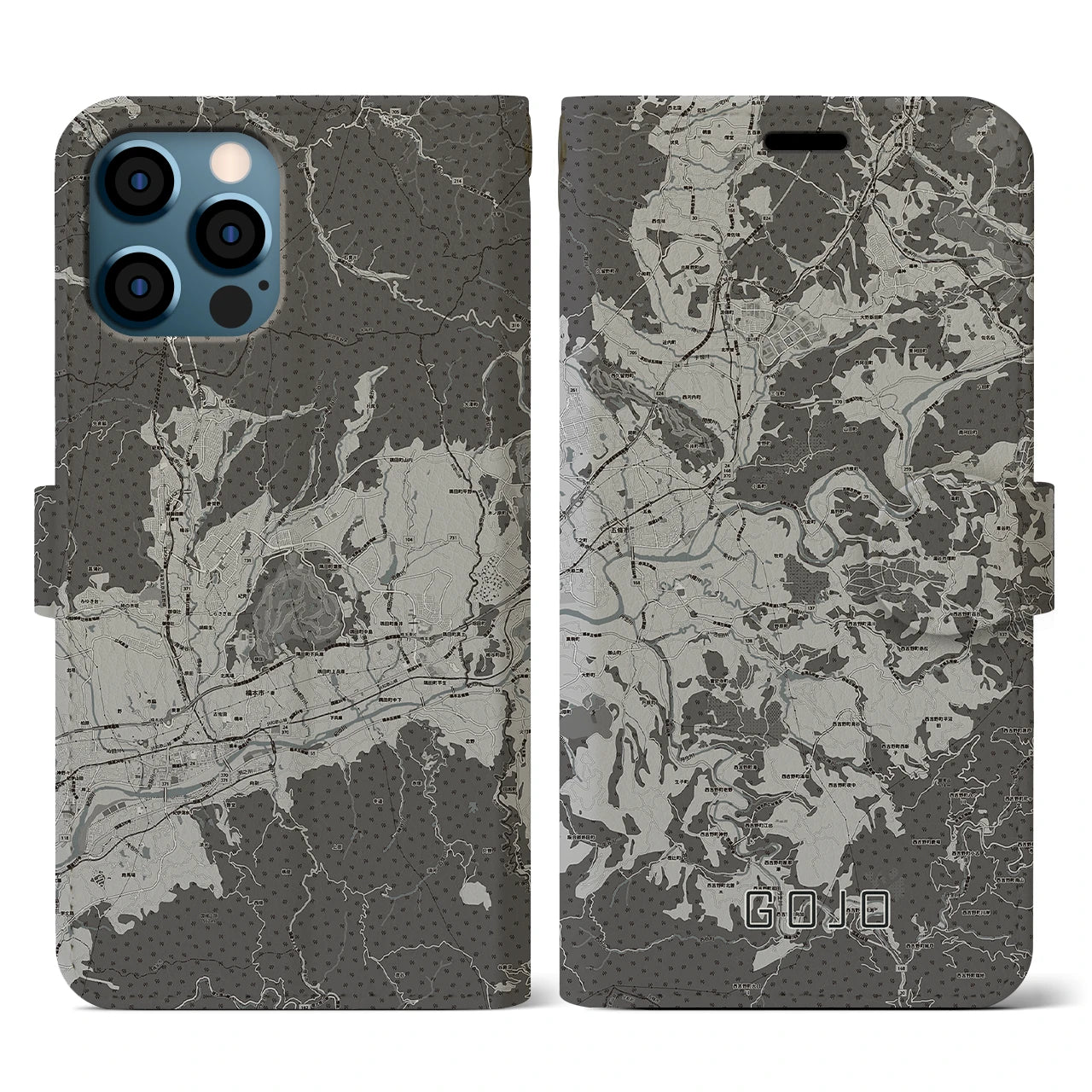 【五條(奈良県)】地図柄iPhoneケース(手帳タイプ)モノトーン・iPhone 12 / 12 Pro 用