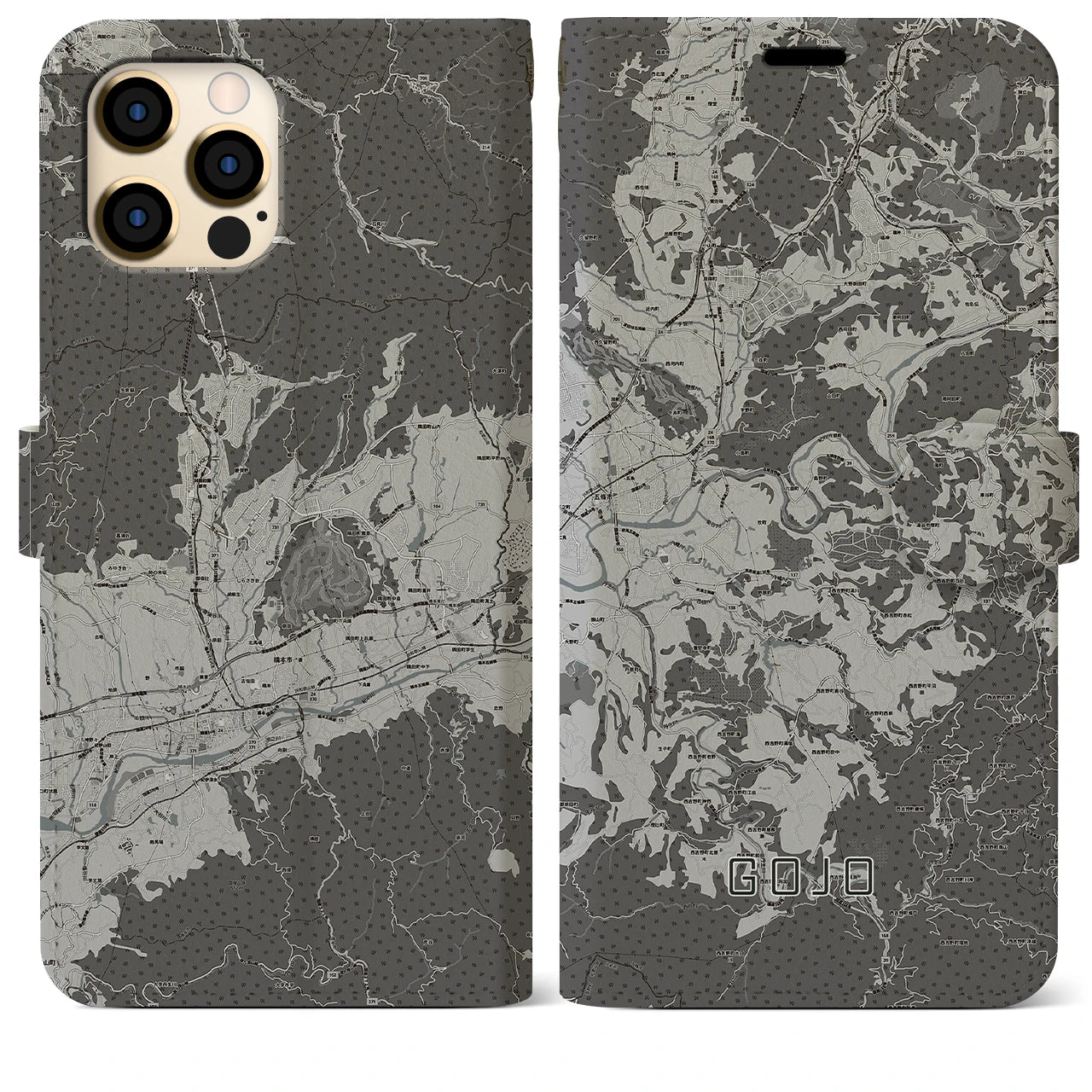 【五條(奈良県)】地図柄iPhoneケース(手帳タイプ)モノトーン・iPhone 12 Pro Max 用