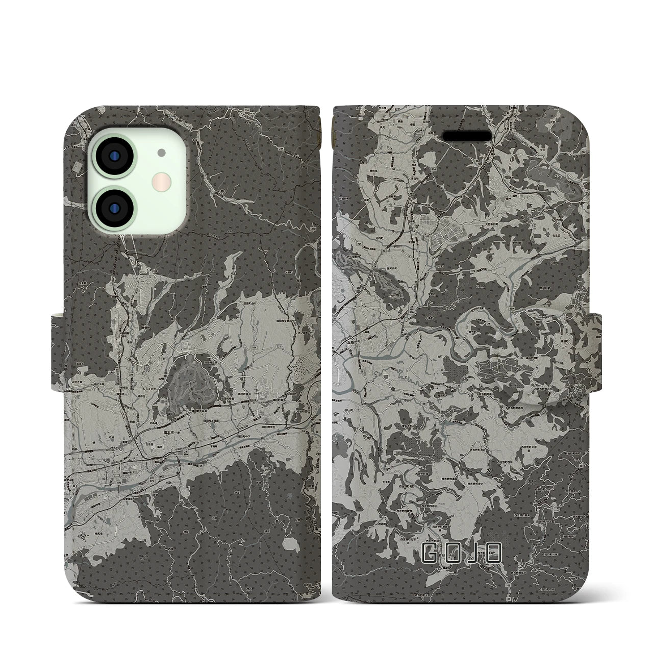 【五條(奈良県)】地図柄iPhoneケース(手帳タイプ)モノトーン・iPhone 12 mini 用