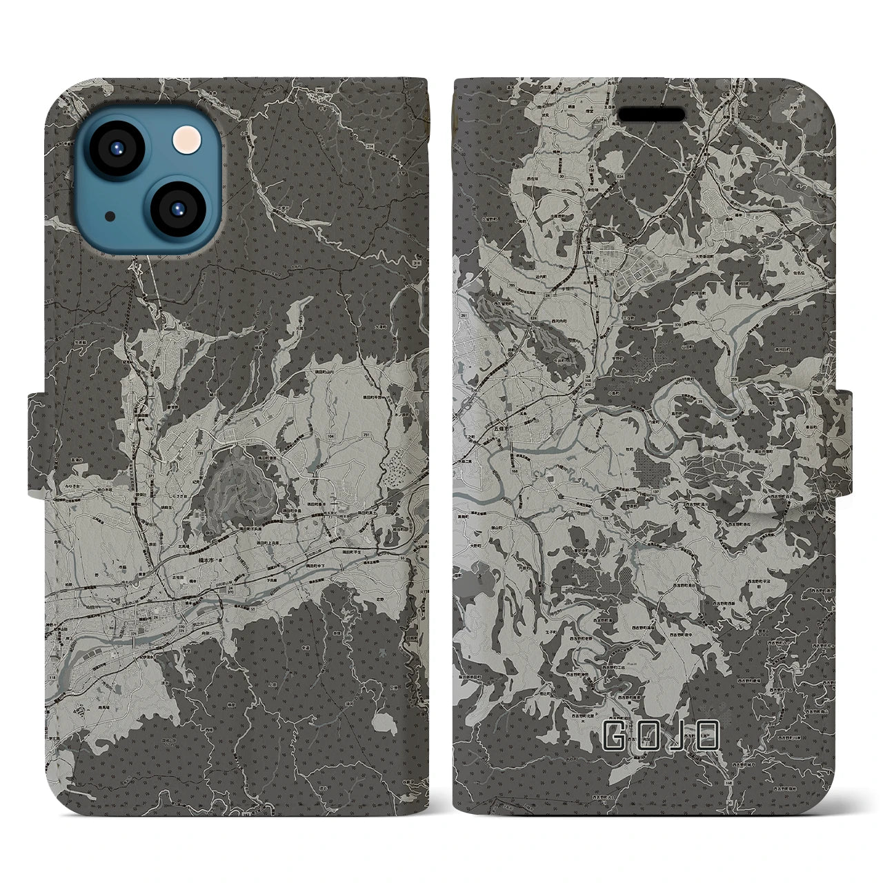 【五條(奈良県)】地図柄iPhoneケース(手帳タイプ)モノトーン・iPhone 13 用