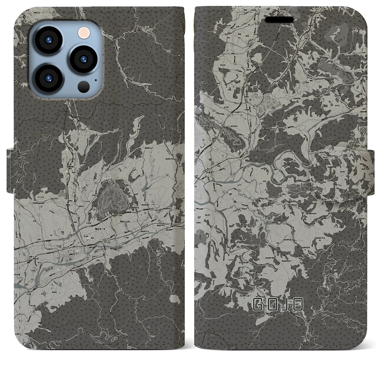 【五條(奈良県)】地図柄iPhoneケース(手帳タイプ)モノトーン・iPhone 13 Pro Max 用