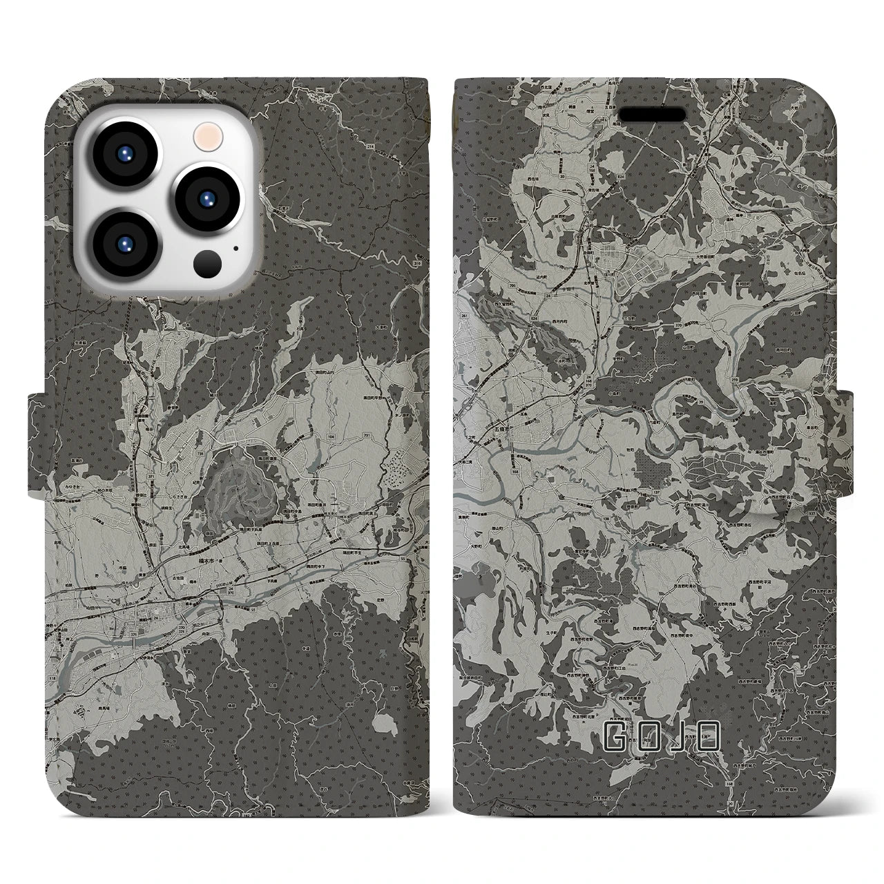 【五條(奈良県)】地図柄iPhoneケース(手帳タイプ)モノトーン・iPhone 13 Pro 用