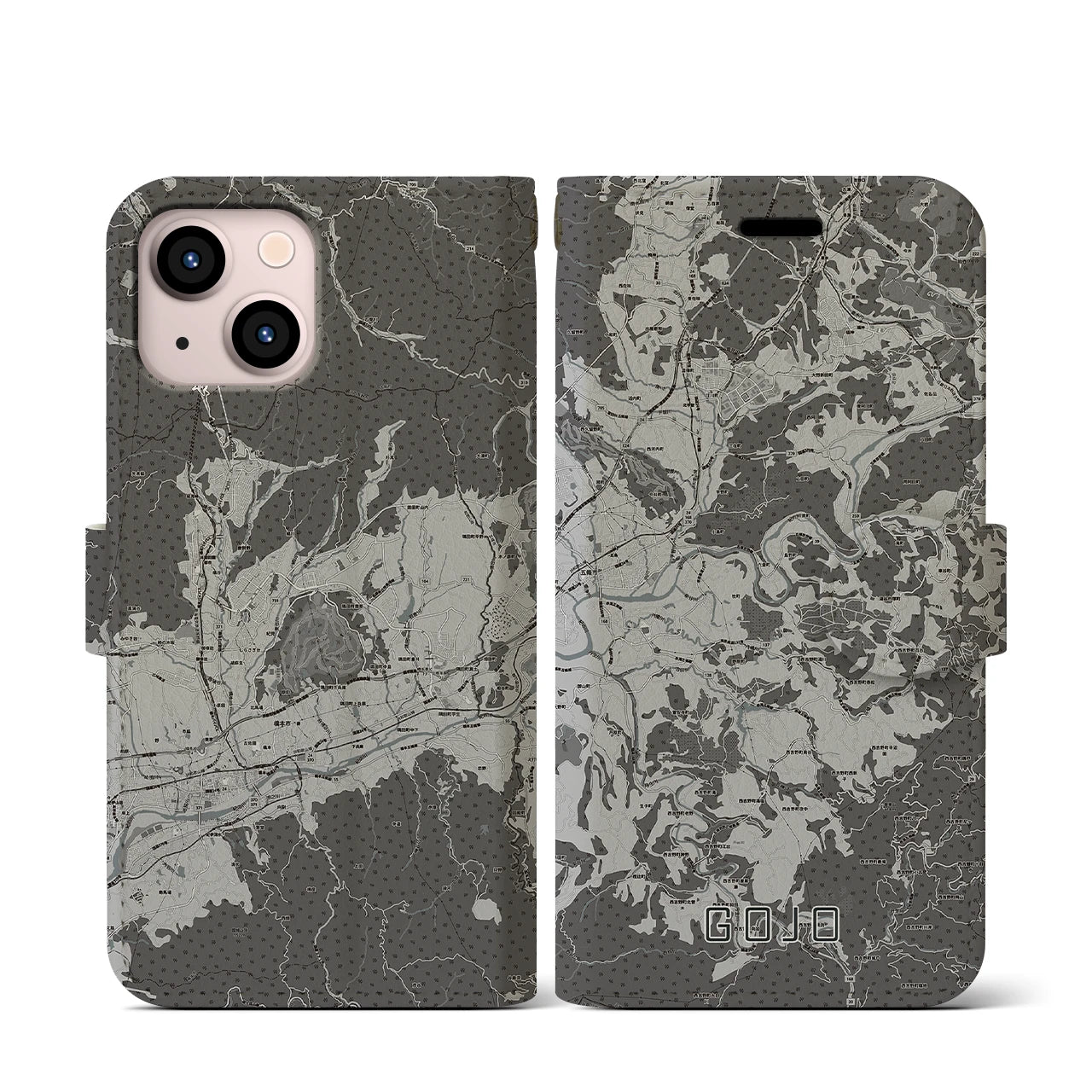 【五條(奈良県)】地図柄iPhoneケース(手帳タイプ)モノトーン・iPhone 13 mini 用