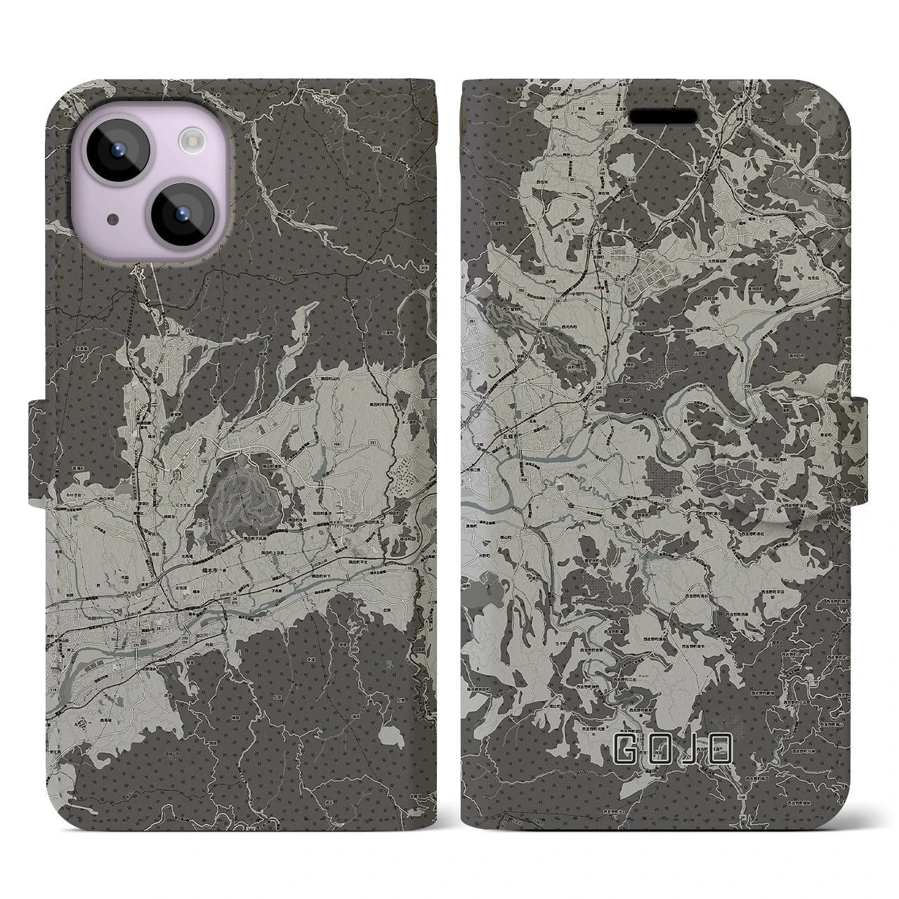 【五條(奈良県)】地図柄iPhoneケース(手帳タイプ)モノトーン・iPhone 14 用
