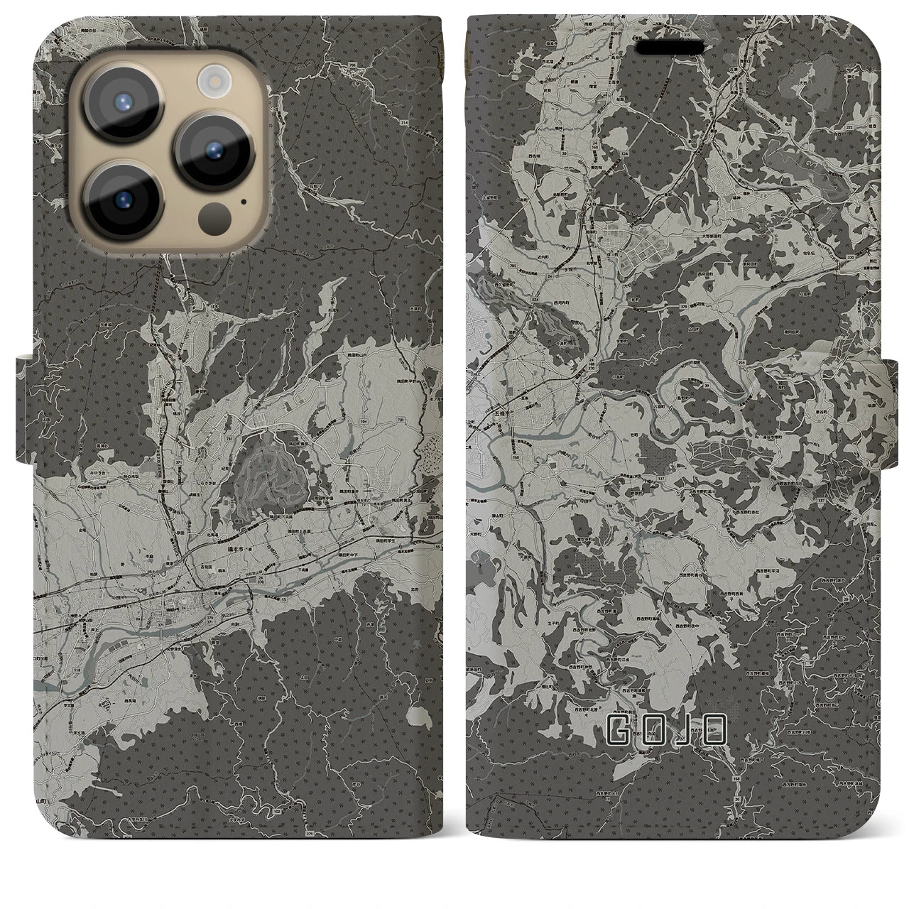【五條(奈良県)】地図柄iPhoneケース(手帳タイプ)モノトーン・iPhone 14 Pro Max 用